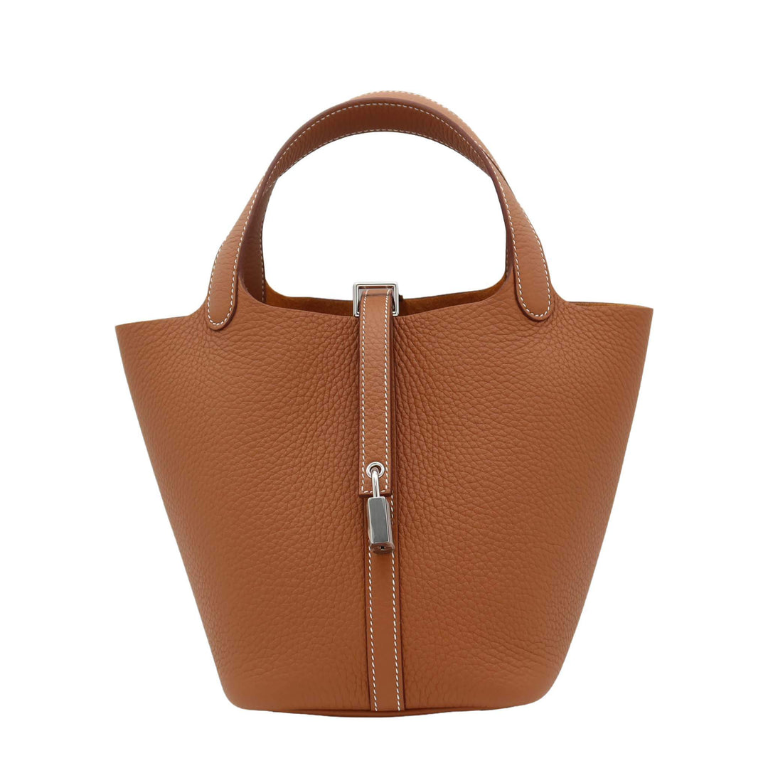 HERMES 愛馬仕 菜篮子18 金棕色 TC皮 銀扣 K 刻印