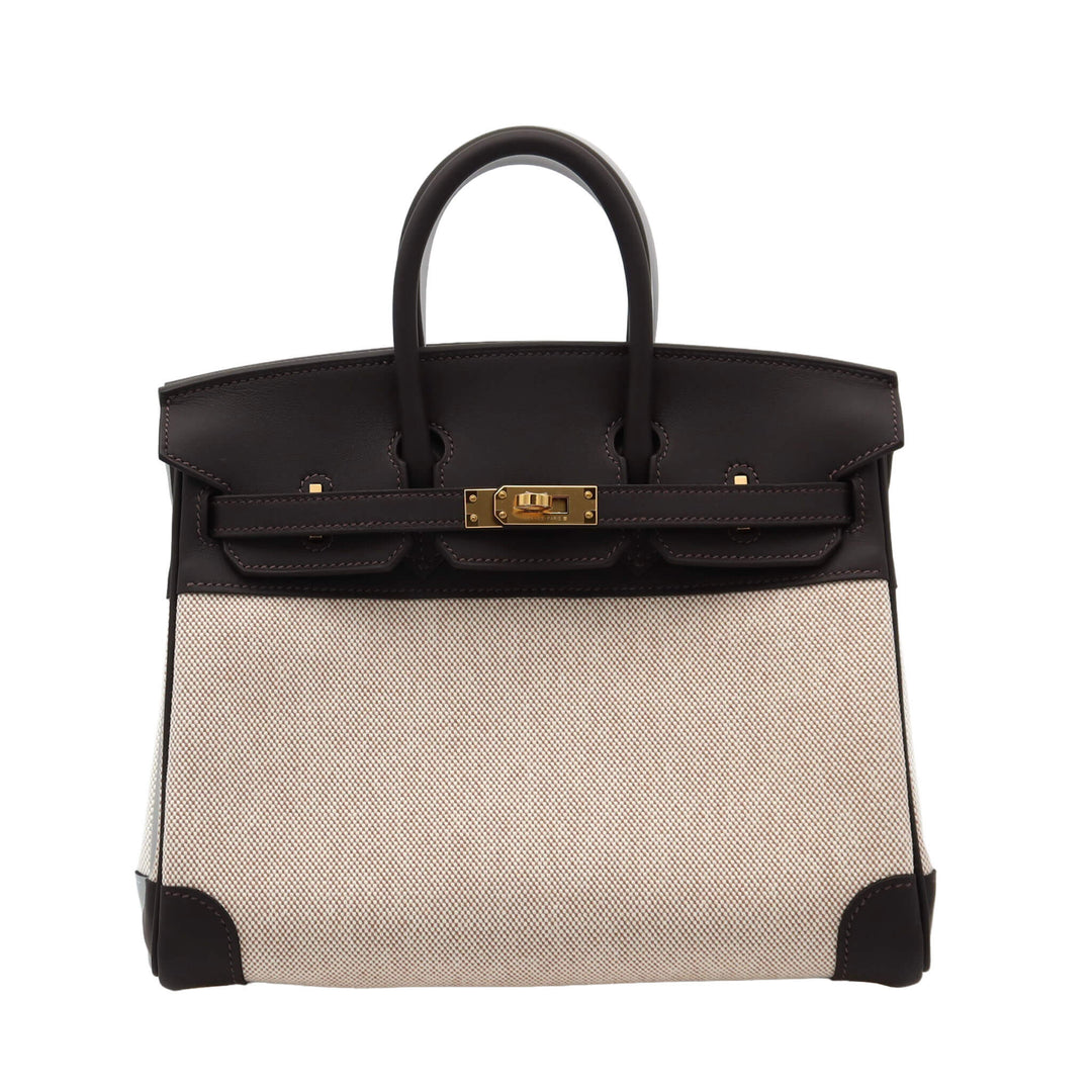 HERMES 愛馬仕 Birkin 25 蜜棗棕/新巧克力 帆布 Swift皮 金扣 K刻 - GINZA CELIA